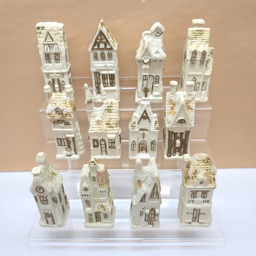 12pc Miniature Ceramic Christmas Village Houses Cream Gold Glitter Set 4"H